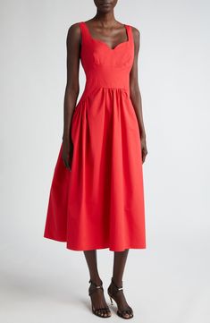 Crisp cotton poplin achieves maximum volume on the gathered skirt of this striking midi dress sculpted with a fitted bodice and sweetheart neckline. 48" length (size 42) Hidden back-zip closure Sweetheart neck Sleeveless Unlined 100% cotton Dry clean Made in Italy Designer Clothing Red Ruched Cotton Dress, Sleeveless Midi Dress With Fitted Bodice And Gathered Waist, Elegant Red Midi Dress With Pleated Bodice For Spring, Red Midi Dress With Ruched Sweetheart Neckline, Red Ruched Midi Dress With Sweetheart Neckline, Red Pleated Bodice Midi Dress For Summer, Summer Red Midi Dress With Pleated Bodice, Red Midi Dress With Ruched Fitted Bodice, Poplin Dress