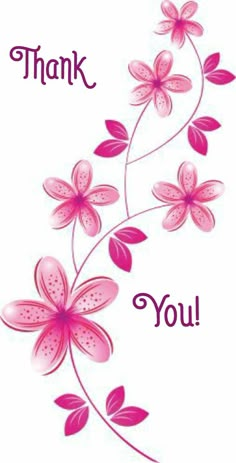 a thank card with pink flowers and the words thank you written on top of it