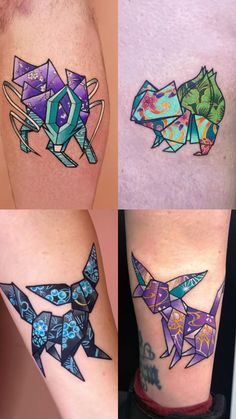 three different tattoos on the legs of men with origami birds and geometric shapes