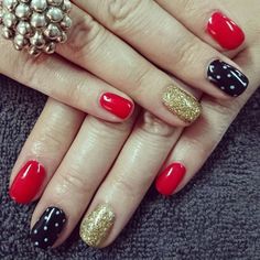 Red and black Nails with gold glitter and white dots Nail jewels Red Blue And Gold Nails, Red And Black And Gold Nails, Black Gold And Red Nails, Red Gold And Black Nails, Red Gold Black Nails, Black Red Gold Nails, Red Black Gold Nails, Black Red And Gold Nails, Red Black And Gold Nails