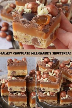 there are many pieces of chocolate and nuts on top of each other with the words galaxy chocolate millionaire's shortbread