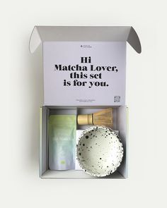 an open box with various items in it and the words hi matcha lover, this set is for you