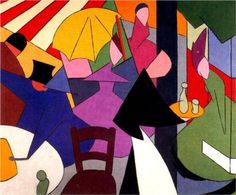 an abstract painting with people and umbrellas in the background, including one person sitting at a table