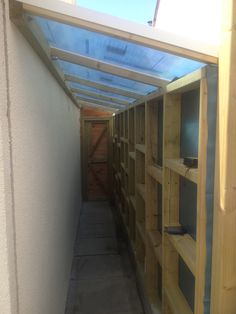 the inside of a storage room with shelves