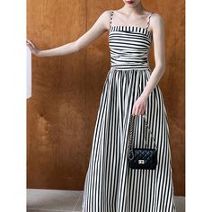 Summer Striped Slip Dress Fabric: 45%Polyester+45%Cotton+10%Human Cotton Size: M, L, Multiple Color Selections: Black  Season: Spring, Fall, Summer Chic Striped Evening Maxi Dress, Chic A-line Lined Maxi Dress, Chic A-line Maxi Dress Lined, Striped Maxi Dress For Summer Evenings, Chic Striped Midi Dress For Party, Chic Striped Lined Midi Dress, Striped Midi Dress For Evening, Striped Summer Evening Dresses, Striped Evening Dresses For Summer