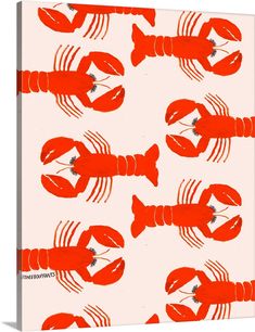 red lobsters on white background with black and white stripes, in an abstract manner