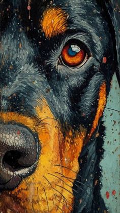 a painting of a black and brown dog with orange eyes