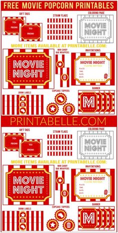 the movie popcorn party printables are available for $ 5 each and they're free