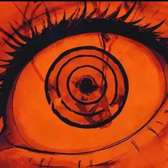 an orange and black painting with some sort of eyeball in it's center