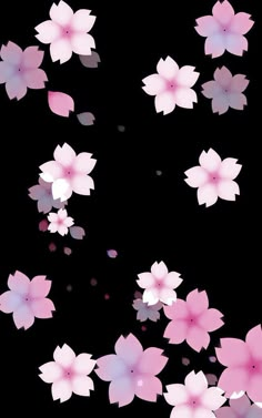 pink flowers floating in the air on a black background