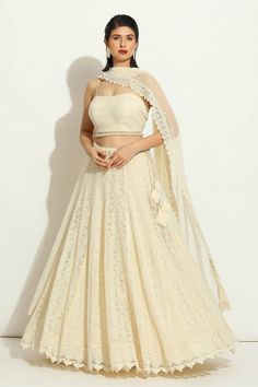 Women's Ivory Net Embroidered Pearl Square Embellished Chikankari Lehenga Set Desi Vibes, Tassel Blouse, Embroidered Dupatta