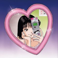 a woman holding a cell phone up to her face in front of a heart shaped frame