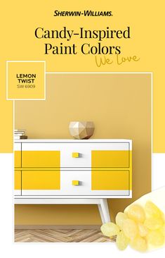 a yellow and white dresser with candy - inspired paint colors next to lemon twist candies