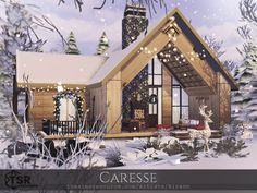 a house is decorated with christmas lights in the snow and surrounded by evergreens, pine trees, and fir cones