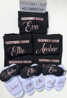 six personalized sleepover squad socks with name and monogrammings on them