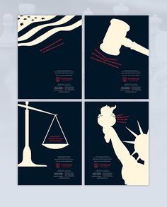 four different posters with the statue of liberty holding a hammer and an apple on it