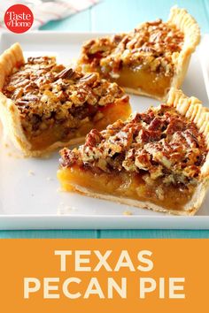 four pieces of pecan pie on a white plate