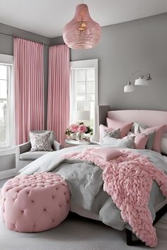 a bedroom with pink and grey decor