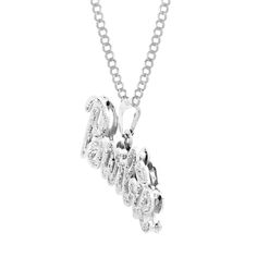 Here's a Diamond Script Name Necklace. From our Personalized Nameplate Necklaces Collection, this 14K White Gold Diamond Script Name Plate Necklace features Diamond Stones & Diamond-Cut finish. Product Details:Metal: Real 14K Gold Weight: 20": 7.85 grams Length: Just over 1/2" = 13mm Width: 1 3/8" = 34mmChain Width: 3mmChain Length: SelectableThis item spends an estimated 2 weeks in production before shipping. Please place your custom orders accordingly with enough time to be made and shipped.Pe Formal Silver Diamond Name Necklace, Wedding Diamond Name Necklace In Silver, Wedding Silver Diamond Name Necklace, Silver Name Necklace With Diamond Accents For Wedding, Silver Wedding Name Necklace With Diamond Accents, Wedding Silver Name Necklace With Diamond Accents, Formal Silver Name Necklace Fine Jewelry, Formal Silver Name Necklace In Fine Jewelry Style, Silver Name Necklace For Formal Occasions