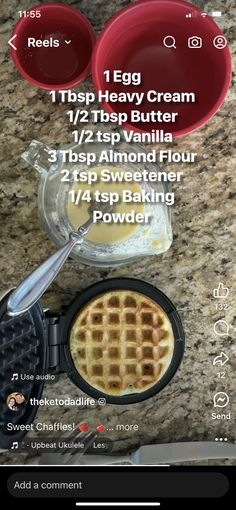 the recipe for waffles is displayed on an iphone screen, with instructions to make them