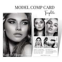 the model comp card template is shown in black and white, with multiple photos