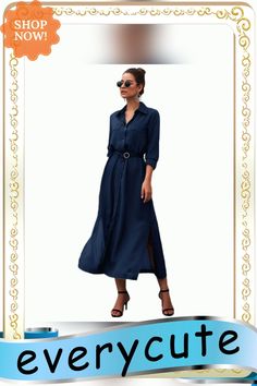 Navy Blue Button Down Split Maxi Shirt Dress Elegant Blue Shirt Dress For Day Out, Chic Blue Midi Shirt Dress, Blue Button-up Midi Dress For Office, Single Breasted Shirt Dress For Office, Elegant Blue Maxi Dress With Button Closure, Elegant Long Sleeve Dress With Roll-up Sleeves, Elegant Dress With Roll-up Sleeves, Blue Button-up Maxi Dress, Blue Button-up Maxi Dress For Work