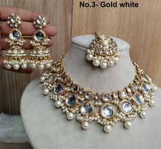 *Light Weight Gold Kundan Adjustable necklace set with earrings and tikka. *Studded with kundan stone. *Light Weight Gold kundan necklace. *Necklace width- 1.6 inches (included pearl drop) *Earrings Length- 2.9 inches(included pearl drop) *Dome size- 1 inches Round Kundan Necklace For Wedding And Eid, White Jewelry Sets For Wedding On Eid, Bridal Jewelry Sets Brides, Kundan Jewellery Set, Instagram Jewelry, Necklace Set Indian, Antique Jewellery Designs, Fashion Shoes Heels, Jewelry Set Design