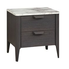 an end table with marble top and two drawers on one side, against a white background