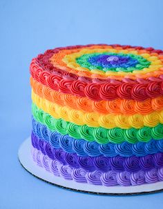 a multicolored cake on a white plate with blue background and rainbow swirls