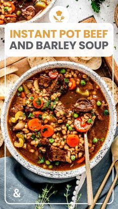 instant pot beef and barley soup in a bowl