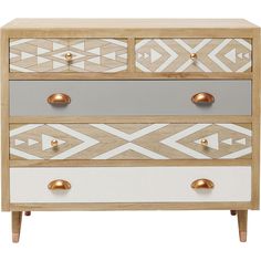 a chest of drawers with gold knobs and geometric designs on the front, two tone paint