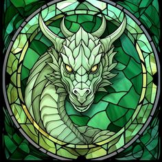 a stained glass window with a dragon in the center