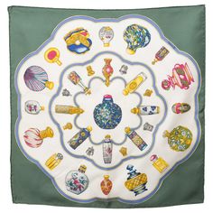 Hermes silk scarf Qu'importe le flacon... by Catherine Baschet featuring a green border, a Hermès signature. Circa 1997 In good vintage condition. Made in France. 16.9in (43cm) X 16.9in (43cm) We guarantee you will receive this iconic item as described and showed on photos. (please enlarge images to see all details on photos- All Hermes scarves could get small spots ou small discolorations, small yellowish spots, and color transfer) Blair Illustration, Mary Blair Illustration, Scarf Hermes, Best Of 2022, Small Silk Scarf, Black Perfume, Scarf Designs, Horse Motif