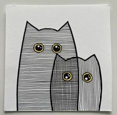 an image of two cats with big eyes on white paper, one is black and the other is gray