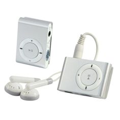 an mp3 player with ear buds attached to the side, and two other items in front