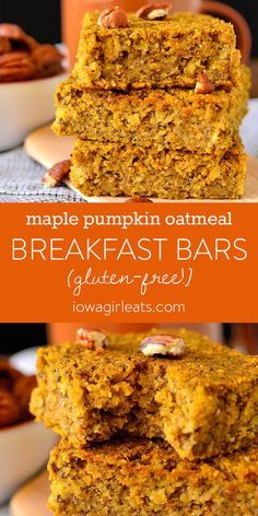 three bars stacked on top of each other with nuts in the middle and text overlay reading maple pumpkin oatmeal breakfast bars gluten free