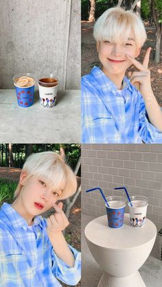 the boy is posing for pictures with two cups of coffee and one cup of ice cream