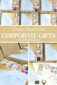 a collage of photos with the words, create stand out corporate gifts on them