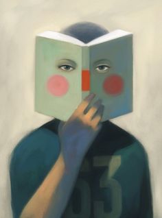 a painting of a person with a book over their face