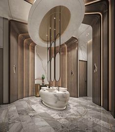 a bathroom with marble flooring and large round bathtub in the middle of it