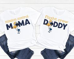 two t - shirts with the words, flight crew mama and baby on them are shown