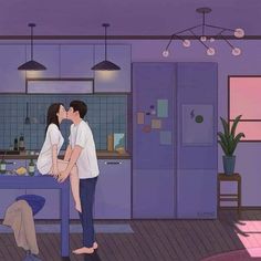 two people are kissing in the kitchen at night