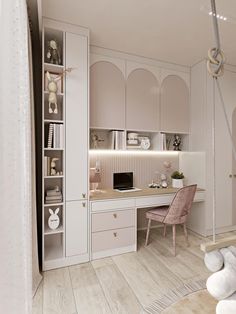 a room with white furniture and pink accents on the walls, along with shelves that are filled with stuffed animals