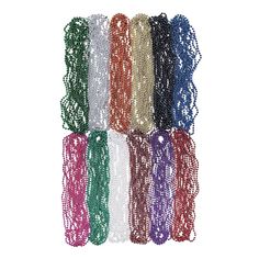 multicolored beaded laces are arranged in rows on a white background,