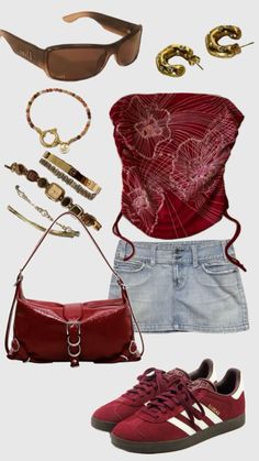 a woman's outfit and accessories are arranged in the shape of a purse, shoes, sunglasses, bracelets, necklaces, and handbag