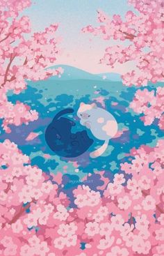 two cats are laying in the water surrounded by pink flowers and cherry blossom tree branches