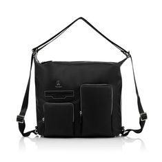 a black handbag with two compartments on it