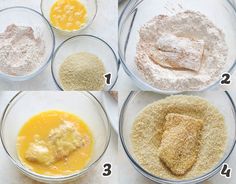 the steps to make this cake are shown in four different bowls, including flour, butter, and other ingredients