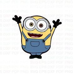 a cartoon minion with his arms up and eyes wide open, wearing overalls