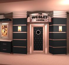 an entrance to the westley theater with black and gold accents